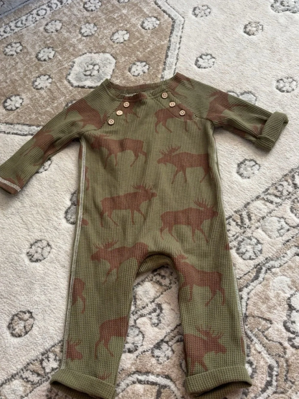 Mud Pie Olive Green and Brown Moose Waffle-Knit One-Piece